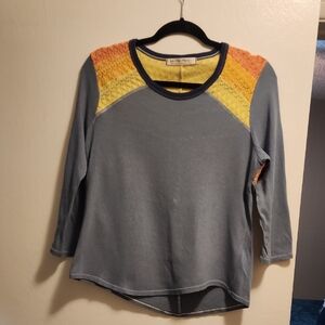 We The Free Slate Blue Top with Orange and Yellow Accents